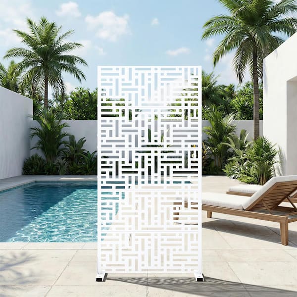 30 in. W x 59 in. H White Galvanized Steel Freestanding Interlocking Block Cut Garden Privacy Screen (1-Pack)