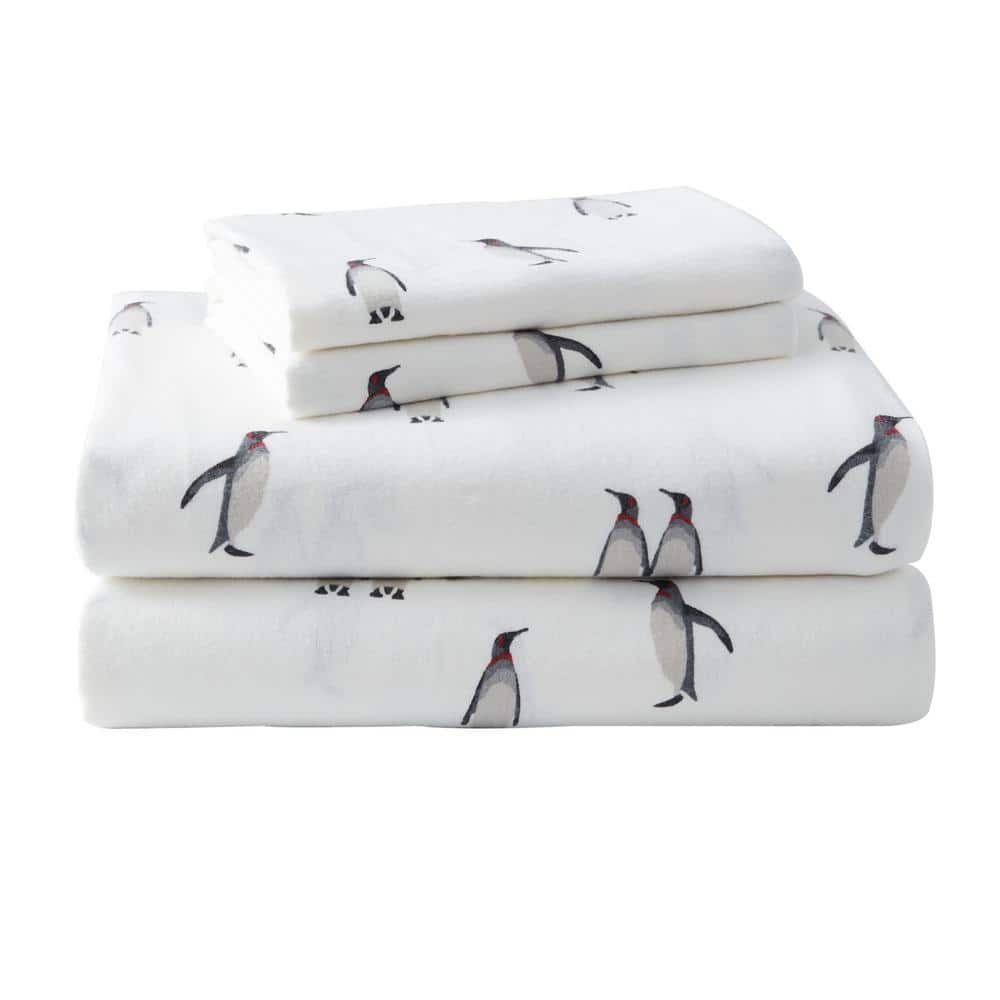 Full Gray Cotton Flannel Sheet Set with Penguin Pattern
