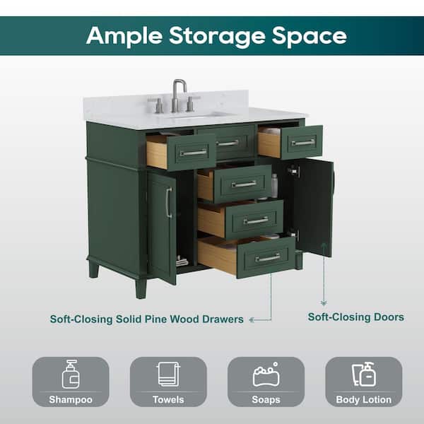 Agatha 43 in. Single Sink Freestanding Sea Green Bath Vanity with White Engineered Stone Top and Backsplash Assembled