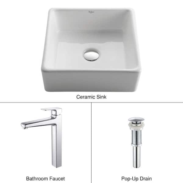 KRAUS Square Ceramic Vessel Sink in White with Virtus Faucet in Chrome