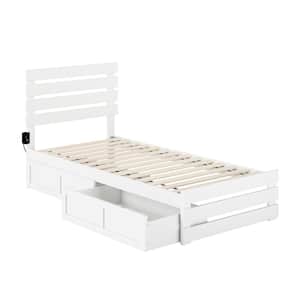 Oxford White Twin Extra Long Solid Wood Storage Platform Bed w/ Footboard and USB Turbo Charger w/ 2 Extra Long Drawers