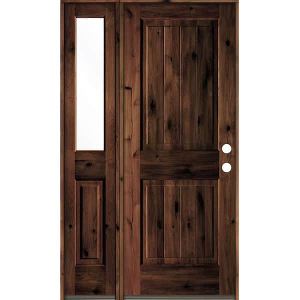 Krosswood Doors 44 in. x 80 in. Rustic Knotty Alder Left-Hand/Inswing Clear Glass Red Mahogany Stain Wood Prehung Front Door w/Sidelite