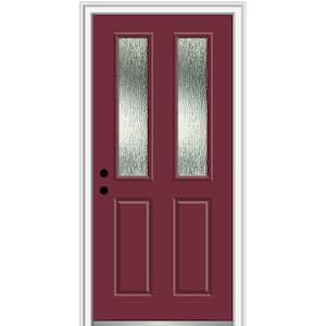 36 in. x 80 in. Right-Hand Inswing Rain Glass Burgundy Fiberglass Prehung Front Door on 4-9/16 in. Frame