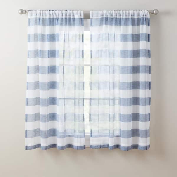 TOWN & COUNTRY BASICS Pax Semi-Sheer Stripe Blue/White 50 in. x 63 in. Sheer Curtain Set (Set of 2)