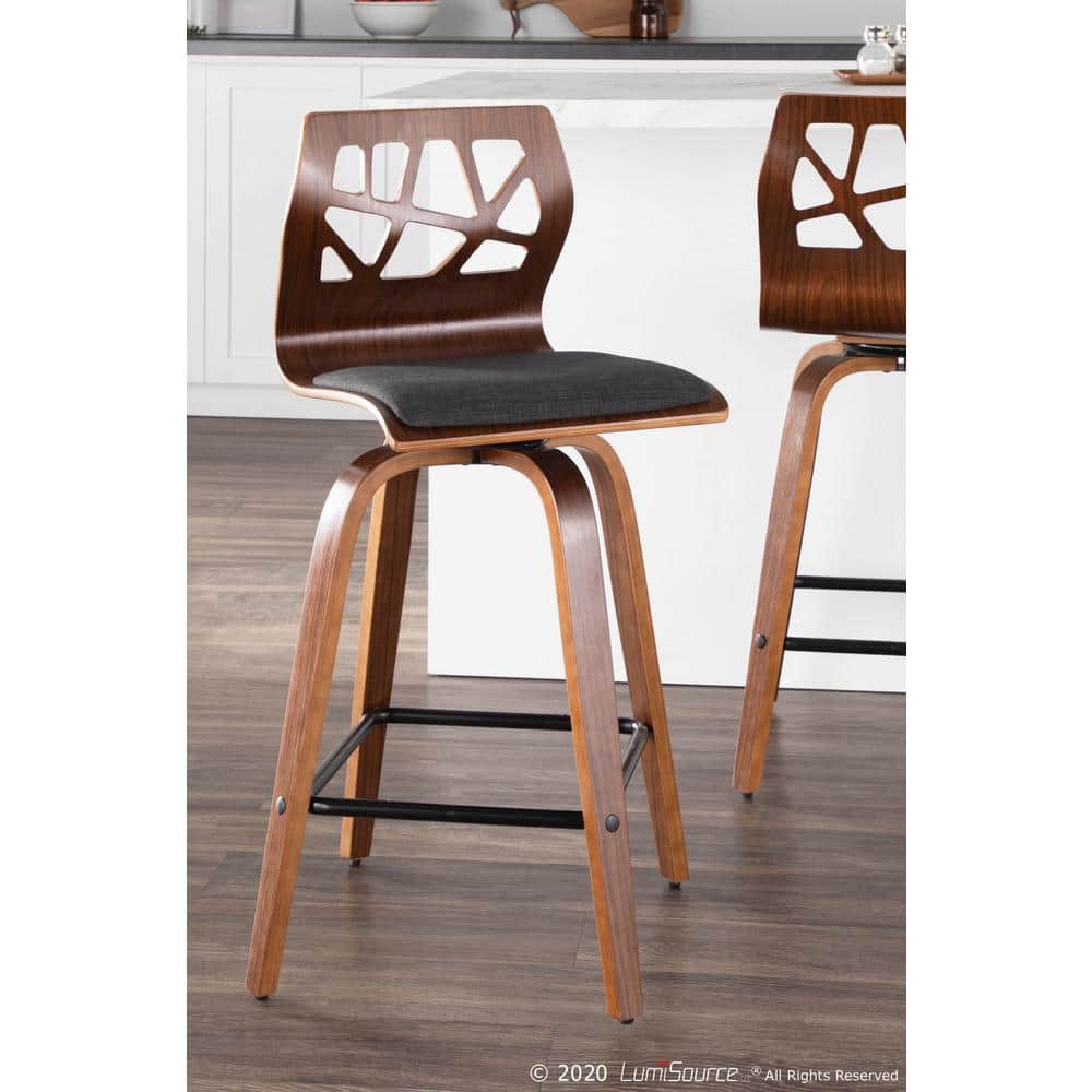Charcoal Gray Swivel Counter Stool with Walnut Wood Frame