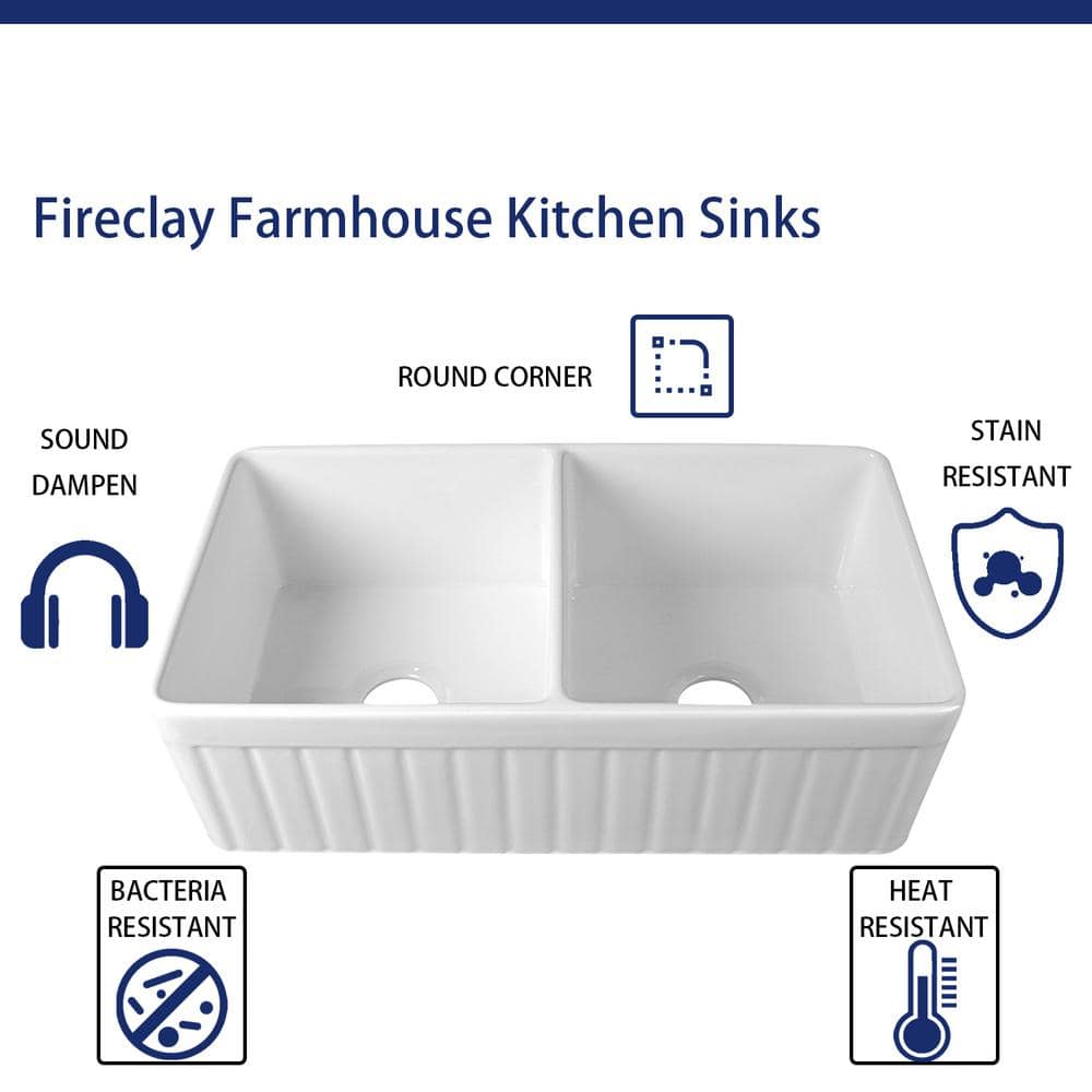 Nova 33" White Fireclay Double Basin Farmhouse Sink