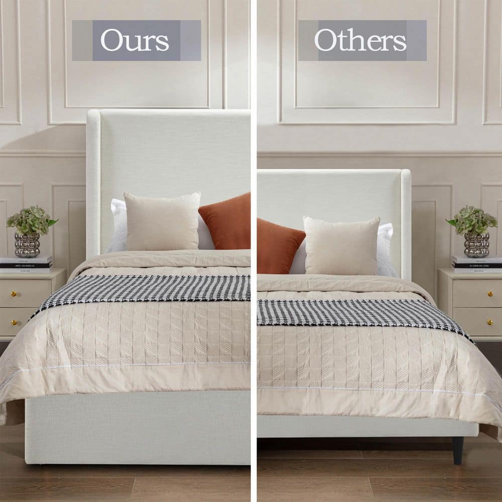 Frasier White Metal Frame King Size Platform Bed with Upholstered Wingback High Headboard, Ivory - thumbnail 6