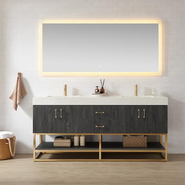 ROSWELL Alistair 72 in. W x 22 in. D x 33.9 in. H Double Sink Bath Vanity in North Black Oak w/ White Grain Stone Composite Top