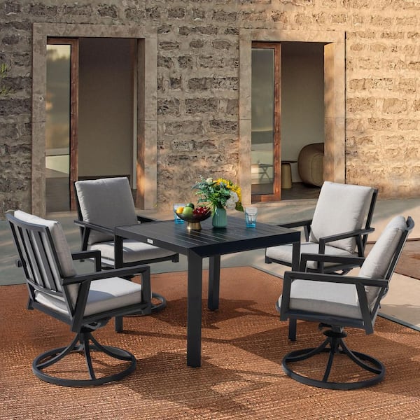 Black 5-Piece Aluminum Swivel Outdoor Dining Set with Gray Cushion