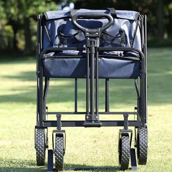 Unbranded - 4.9 cu. ft. Fabric PVC Garden Cart, 2-Fold Collapsible Wagon Cart with Metal Frame, Cup Holder, Adjustable Handle, Blue