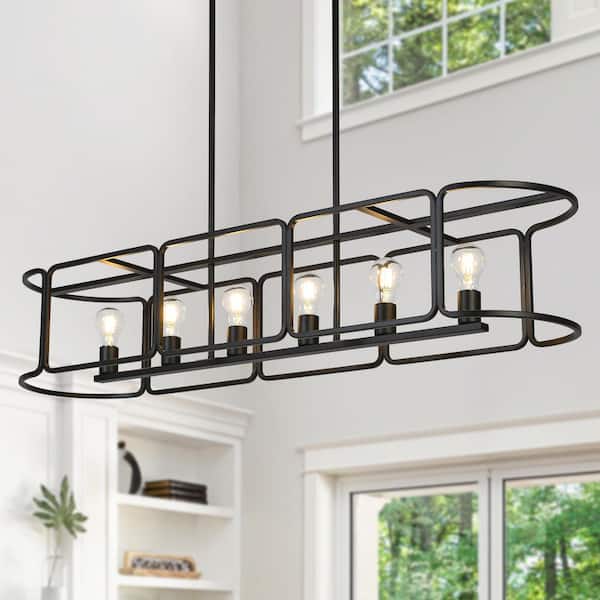 LNC 48 in. 6-Light Black Rectangle Island Chandelier Modern Dining Room Hanging Light with Metal Cage Linear Hanging Rods