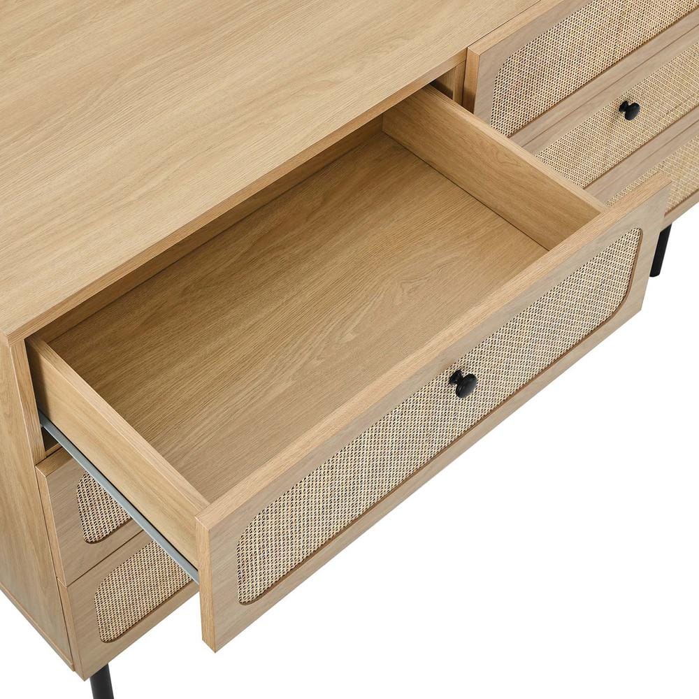Chaucer Oak and Rattan 6-Drawer Compact Dresser with Adjustable Feet