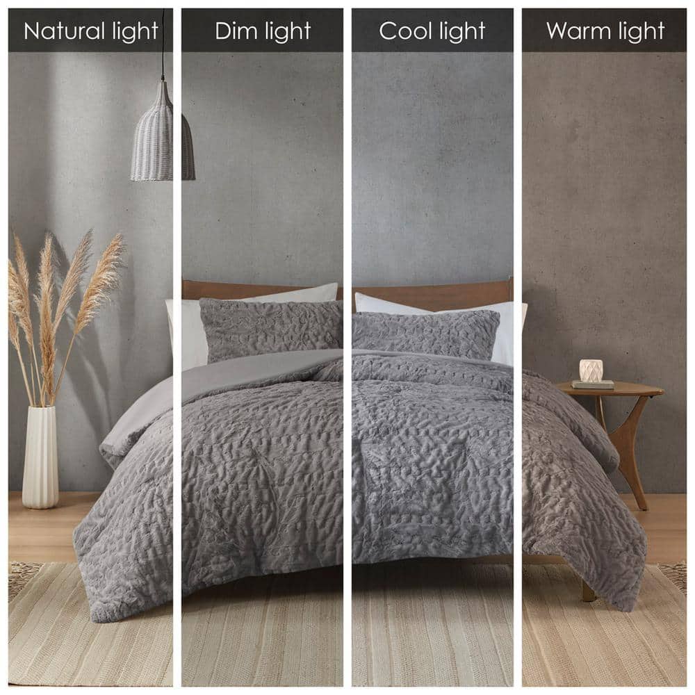 Gray King Ruched Faux Fur Down Alternative Comforter Set