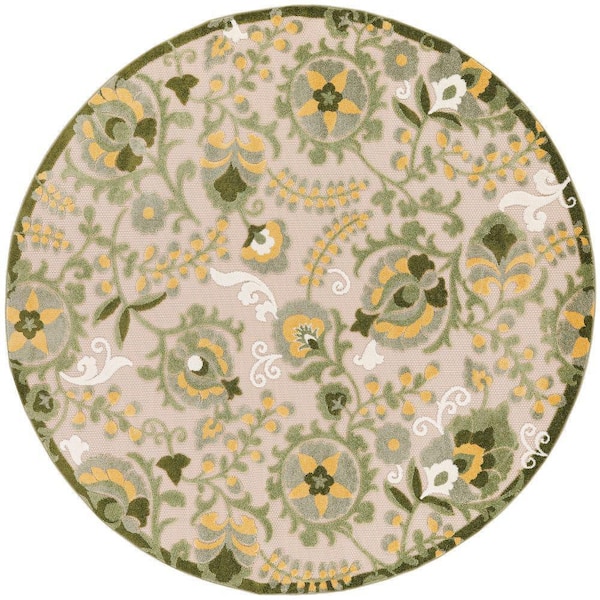 Nourison Aloha Ivory Green 5 ft. x 5 ft. Floral Contemporary Indoor/Outdoor Round Area Rug