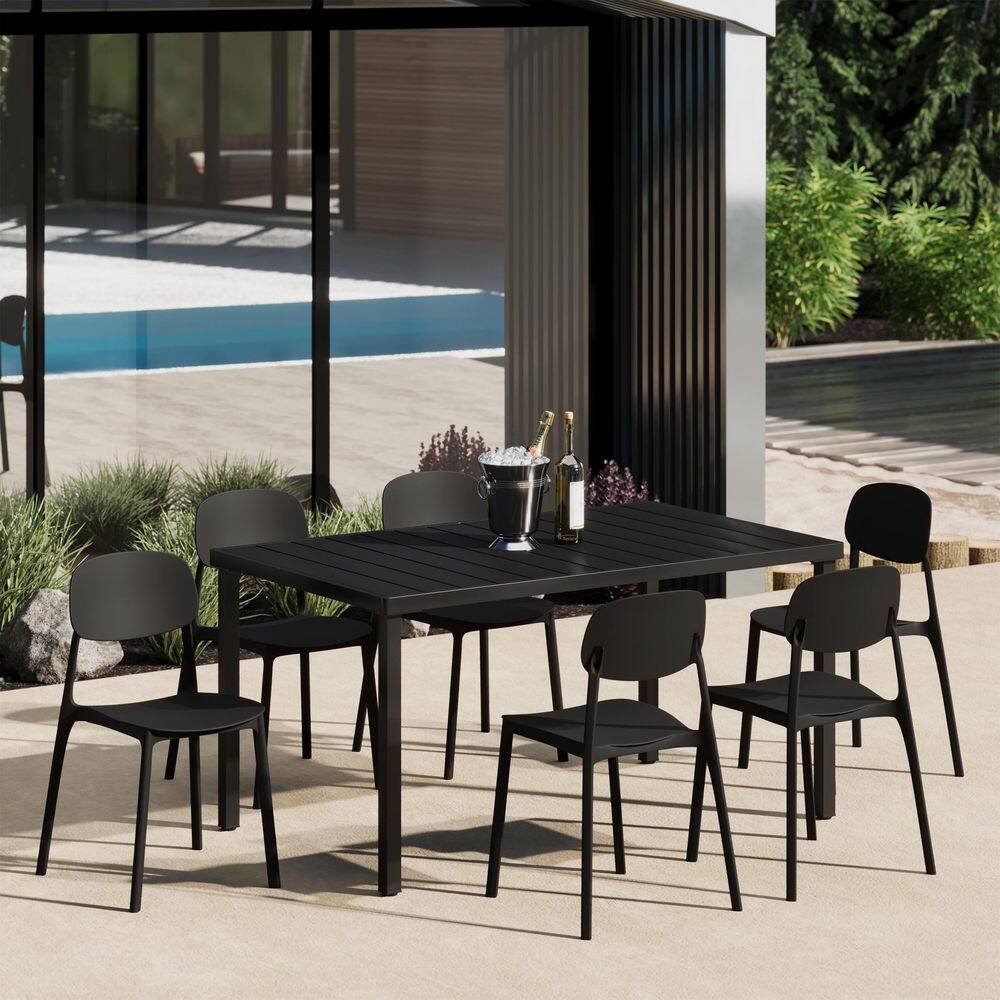 Frond and Form Outdoor Patio Modern 7-Piece Rectangular Steel Table, 6 Stackable HDPE Plastic Chairs Dining Set, Black