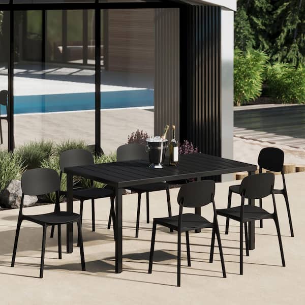 Frond and Form Outdoor Patio Modern 7-Piece Rectangular Steel Table, 6 Stackable HDPE Plastic Chairs Dining Set, Black