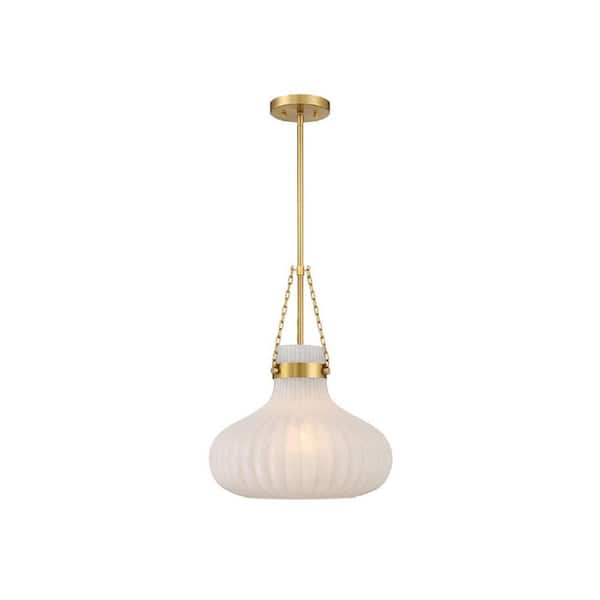 15 in. W x 19 in. H 1-Light Natural Brass Traditional Pendant Light with Fluted Ribbed Strie Glass Shade