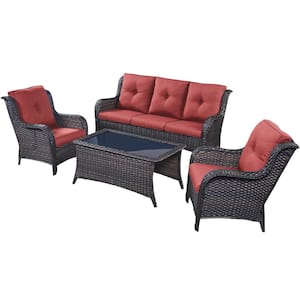 4-Piece Wicker Outdoor Patio Seating Conversation Set Sectional Sofa Glass Coffee Table with Red Cushions