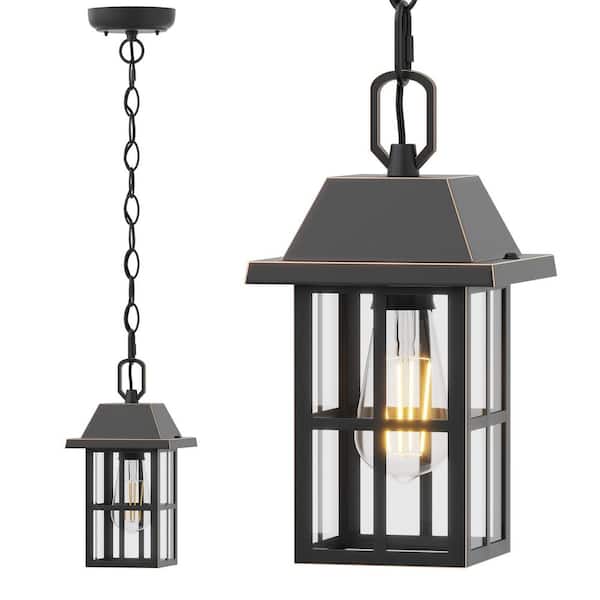 Meluaim 11.6 in. 1-light Black Outdoor Pendant Light Fixture Exterior Hanging Lantern with Clear Glass and No Bulbs Included