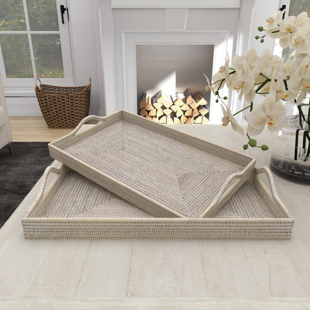 Cream Rectangular Rattan 2-Piece Decorative Tray Set