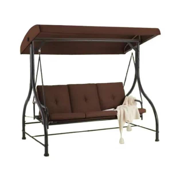 3-Person Metal Outdoor Patio Swing Canopy Hammock with Brown Cushions