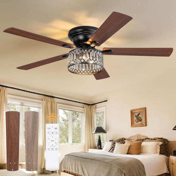 HINNIXY 56 in. Smart Indoor Black Flush Mount Farmhouse Chandelier 6-Speeds Ceiling Fan with Remote Control and Lights