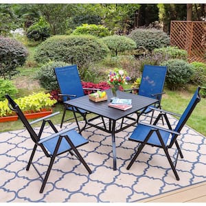 5-Piece Black Metal Patio Outdoor Dining Set with Slat Square Table and Blue Folding Reclining Sling Chairs