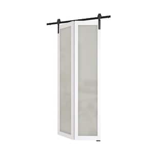 36in x 84in （18" x2） White, Tempered Frosted Glass, MDF, Bi-Fold Style, Full Lite Sliding Barn Door with Hardware Kit