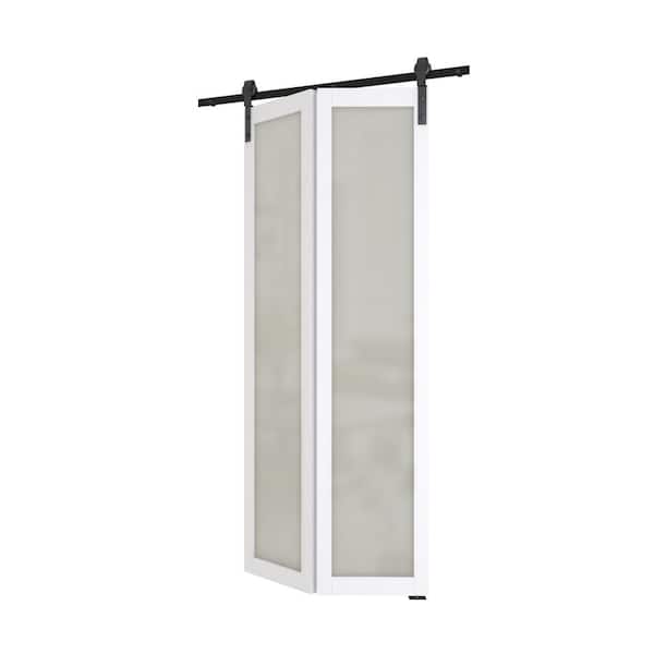 TENONER 36in x 84in （18" x2） White, Tempered Frosted Glass, MDF, Bi-Fold Style, Full Lite Sliding Barn Door with Hardware Kit
