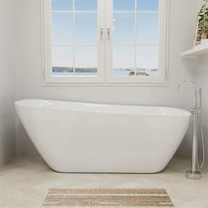 59 in. Acrylic Freestanding Bathtub Flatbottom Soaking SPA Tub Bathtub in White with Polished Chrome Drain in White