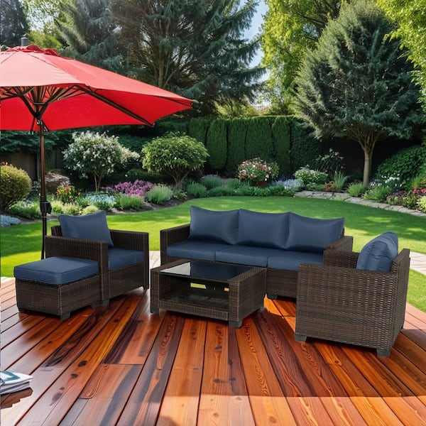 Unbranded Brown 7-Pieces Wicker Outdoor Fabric Sofa Sectional Set with Dark Blue Cushions