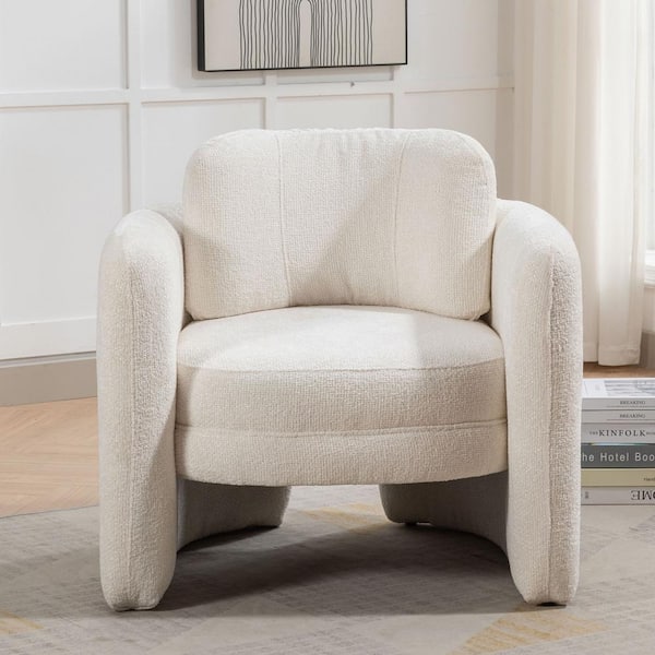 Mid-Century Modern Ivory Linen Overstuffed Armchair Barrel Accent Chair for  Living Room, Guest Room, Office
