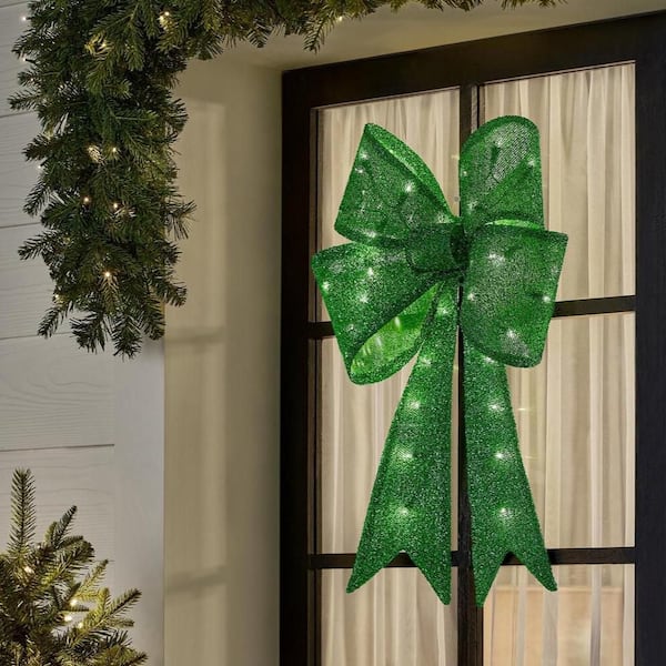 24 in. Yuletide Lane LED Green Tinsel Bow Holiday Yard Decoration