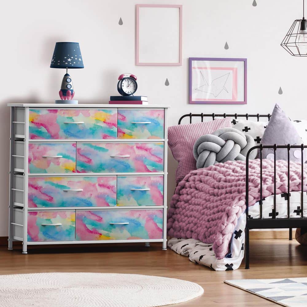 Dresser with Steel Frame, Wood Top, and Easy Pull Fabric Bins, Multicolored