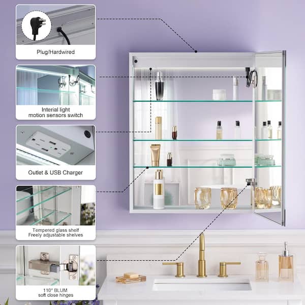 WELLFOR V3 24-in x 30-in Lighted LED Surface/Recessed Mount Aluminum Mirrored Soft Close Medicine Cabinet with Outlet
