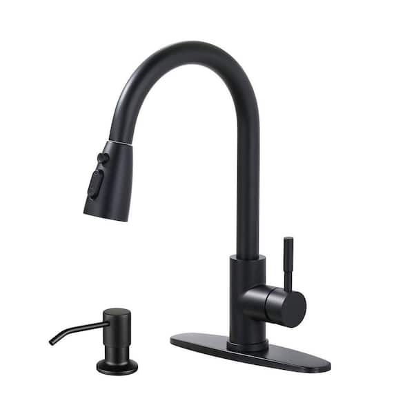 Single Handle Pull Down Sprayer Kitchen Faucet with 3-Mode Sprayer and Soap Dispenser in Matte Black