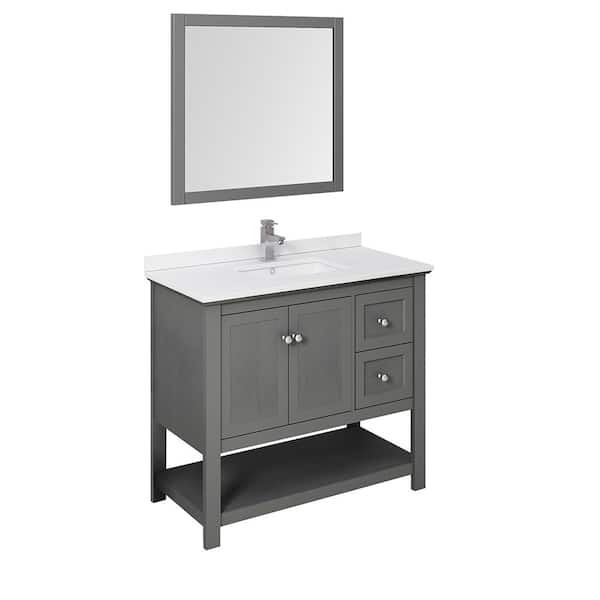 Fresca Manchester 42 in. Single Sink Shaker-Style Gray Wood Veneer Bath Vanity with White Quartz Top, Integrated Sink & Mirror