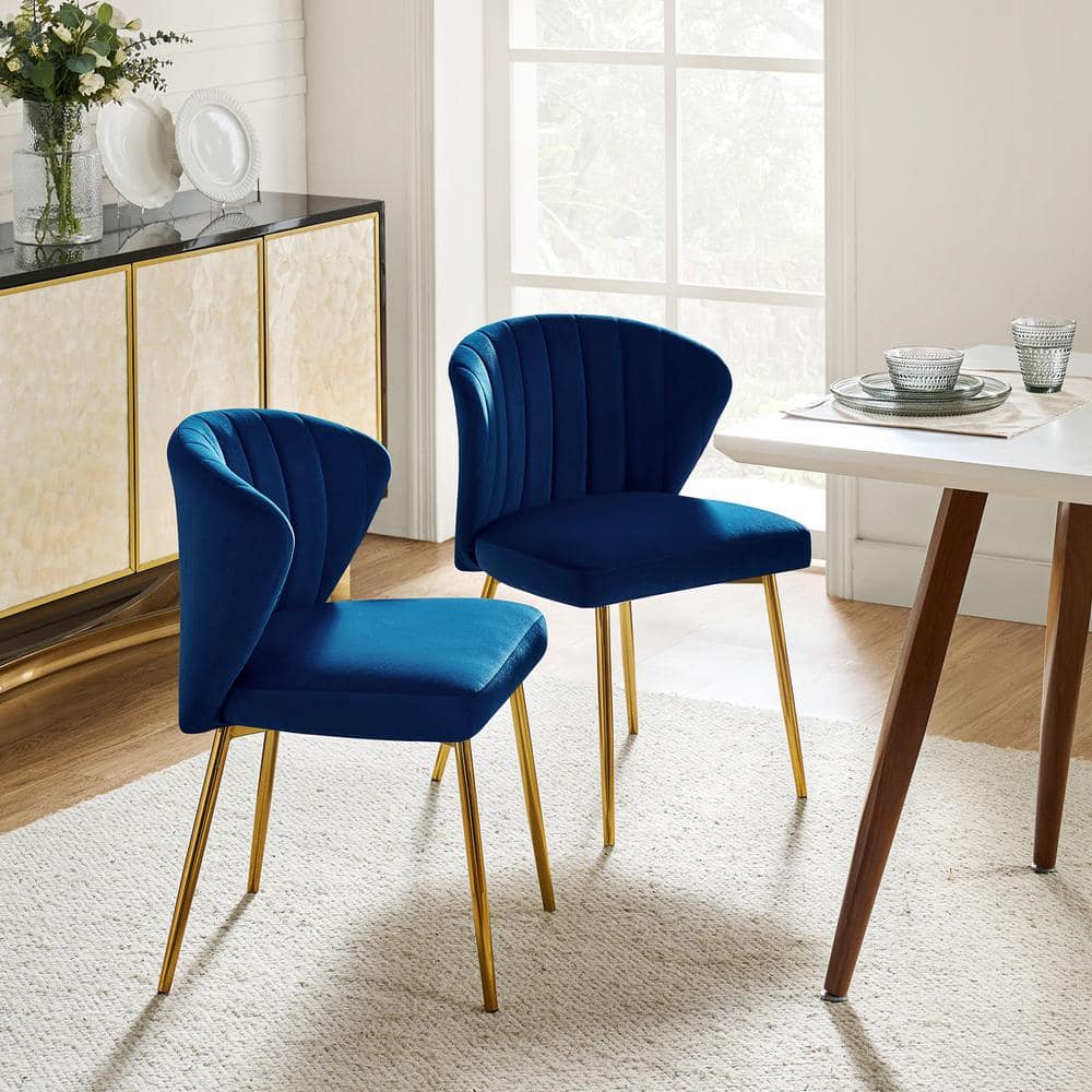 Navy Blue Velvet Upholstered Side Chair with Golden Metal Legs