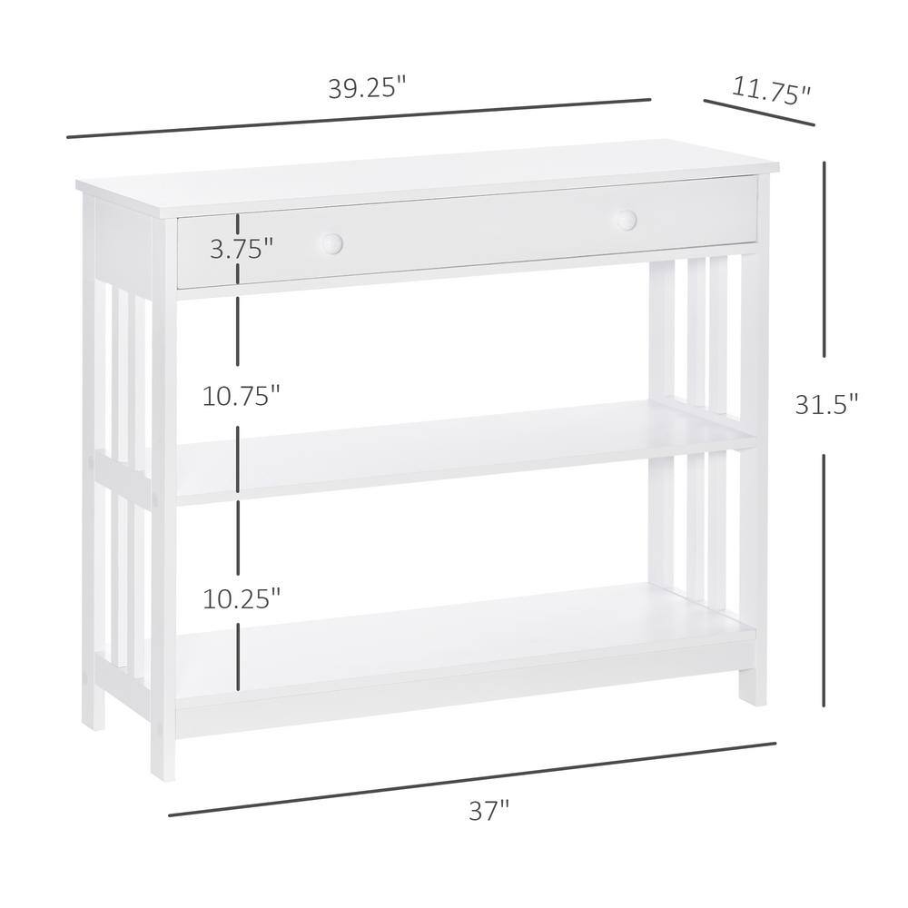 White Wood Console Table with Drawer and Shelves
