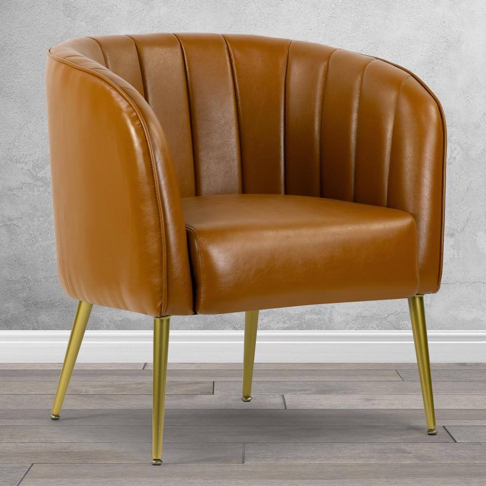 Cappuccino Faux Leather Barrel Accent Chair with Gold Metal Legs