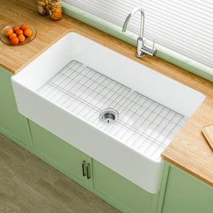 Farmhouse Sink 36 in. Single Bowl Gloss White Fireclay Kitchen Sink Apron Sink with Strainer and Bottom Grid Barn Sink