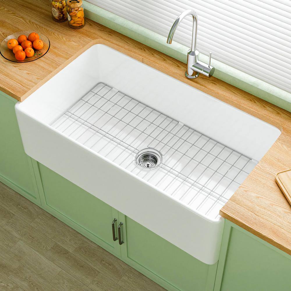 Farmhouse Sink 36 in. Single Bowl Gloss White Fireclay Kitchen Sink Apron Sink with Strainer and Bottom Grid Barn Sink price history on PriceWatchPro