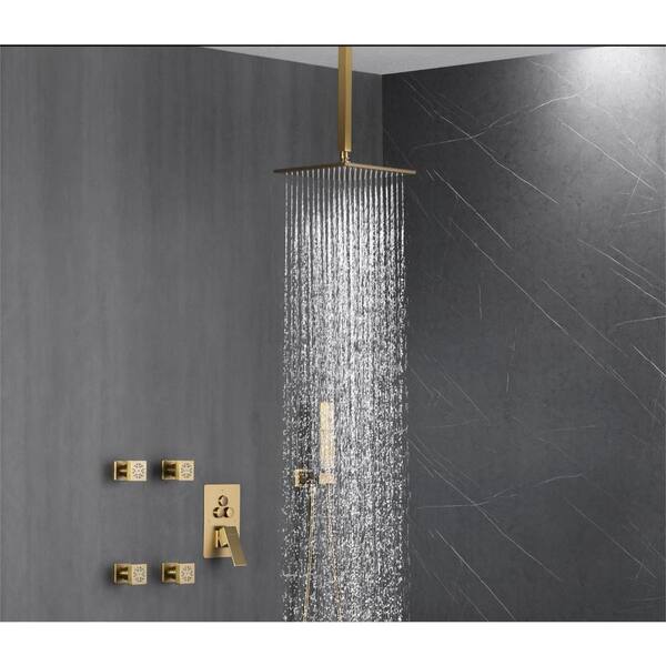 Single Handle 5-Spray Shower Faucet 1.8 GPM 10 in. Square Wall Mounted with Pressure Balance in. Brushed Gold with 4-Jet