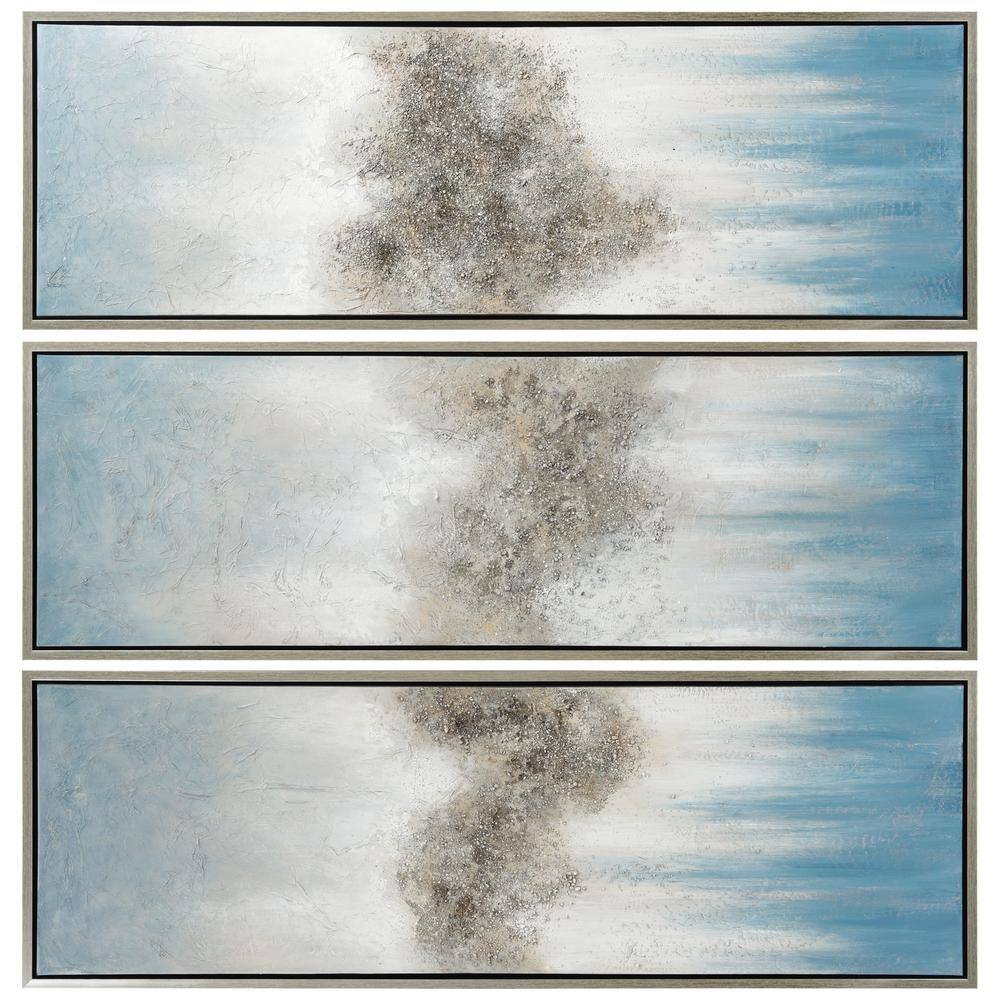 Sequence Blue and Silver Abstract Triptych Canvas Painting