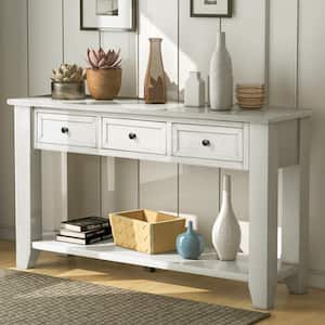 55.1 in. Retro White Rectangle Wood Console Table with 3 Drawers and Bottom Shelf