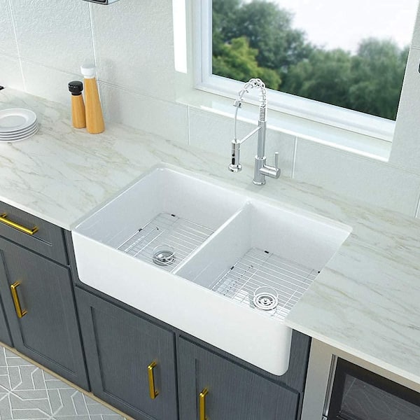 32 in. L x 20 in. W Double Basin Ceramic Farmhouse Kitchen Sink with Basket Strainer