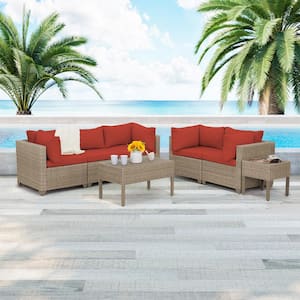 Maui 7-Piece Wicker Patio Conversation Set with Crimson Cushions