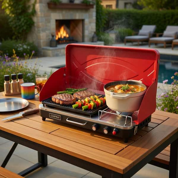 2-in-1 Portable Gas Grill & Stove, 10,000 BTU Dual Burner