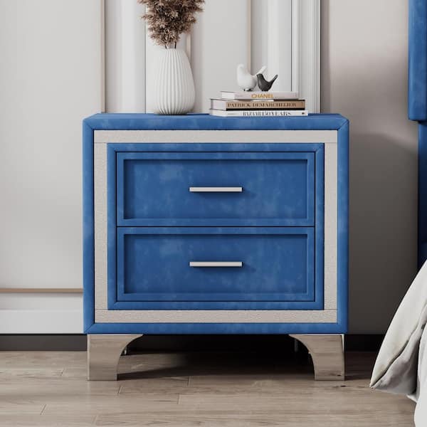 Polibi Mid Century 2 Drawers Nightstand with Metal Legs, Velvet Finish and Handles for Bedroom, Blue