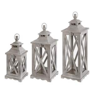 Distress Grey Mango Wood Lantern Set (3-Pieces)
